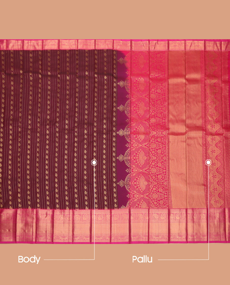 Maroon Budget Silk Saree, Mesmerized with Zari Buttas and Stripes All Over Its Body, Complemented by Contrast Traditional Zari Designs Woven Border, Grand Pallu and Paired with a Contrast Blouse