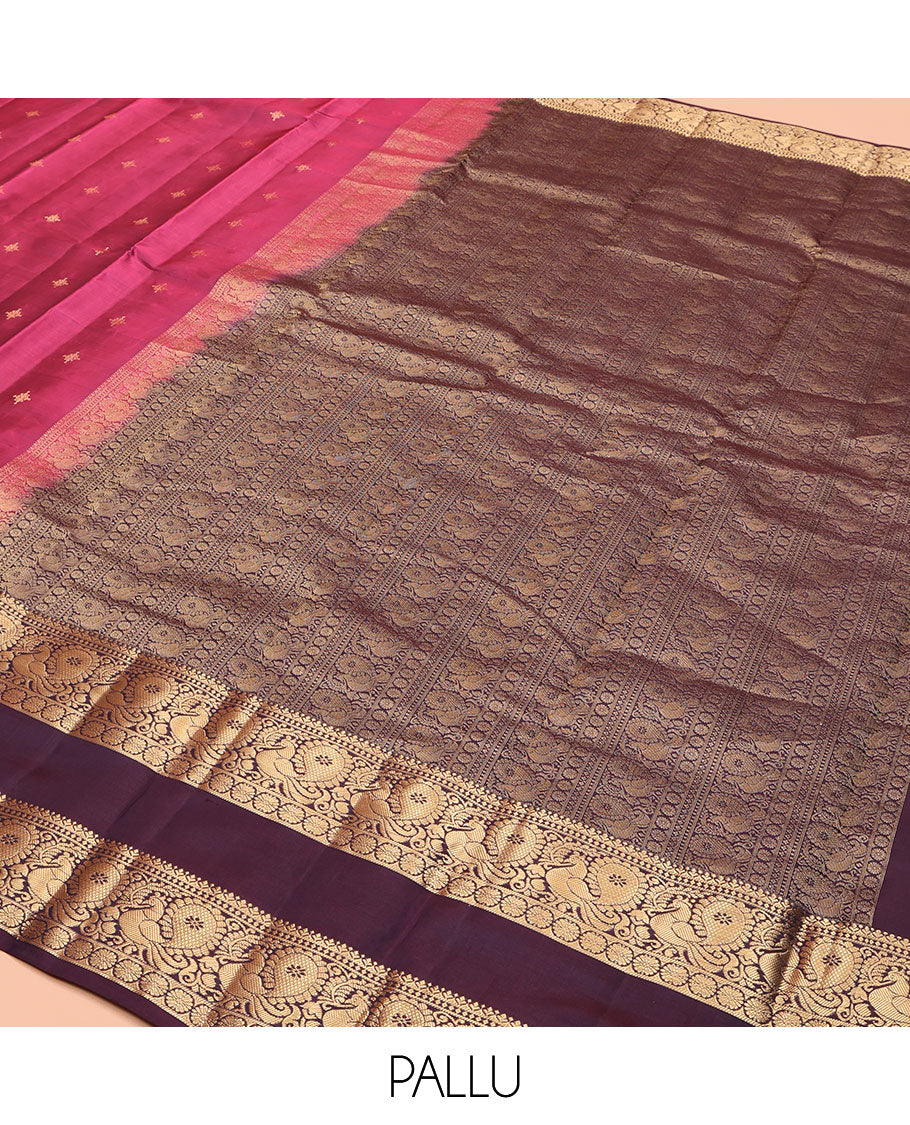 Pink Vasundhara Lite Silk Mix Saree, Bedecked with Zari Buttas, Complemented by a Contrast Rettai Pettu Border of Mayil, and Kamalam Designs, Pallu Pictures the Same Designs, and Paired with a Contrast Blouse