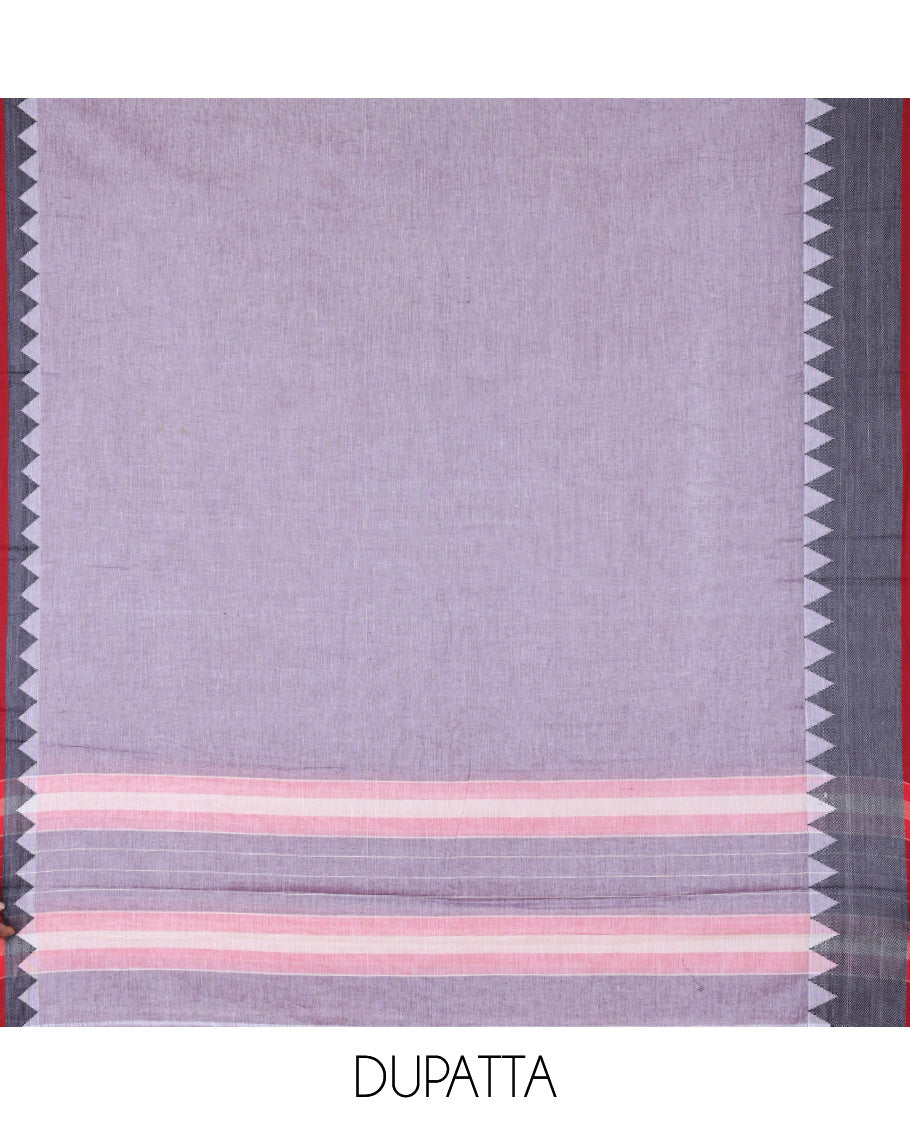 Lavender Mercerised Cotton Material Churidar Features Plain Top, Contrast Thread Temple Border, Matching Bottom, Temple Dupatta