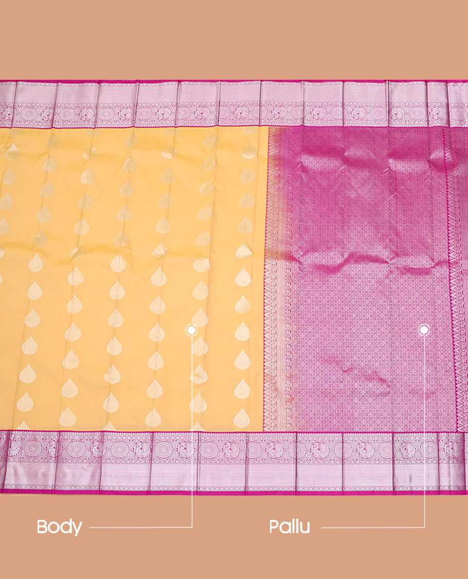 Sandal Budget Silk Saree, Detailed with Zari Buttas on Its Body, Complemented by a Contrast Traditional Zari Design Border, Grand Jaal Pallu, and Paired with a Contrast Blouse