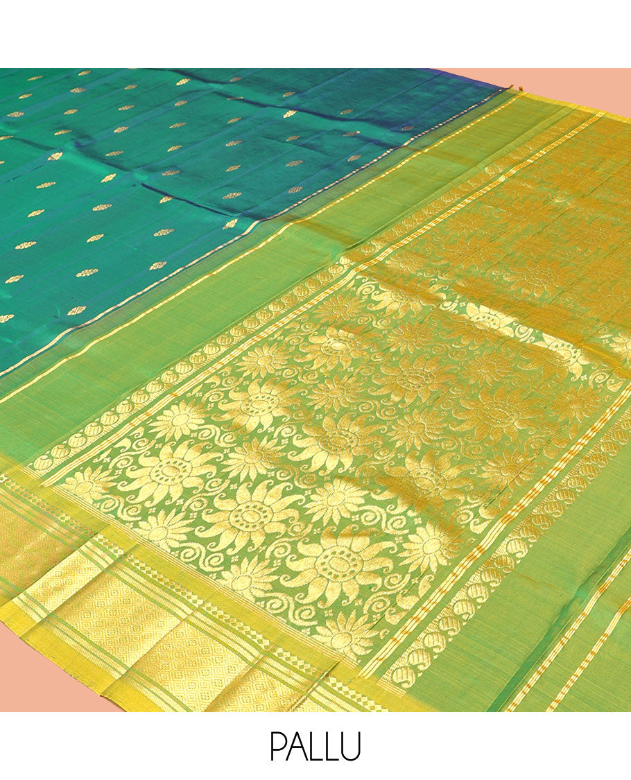 Green Kanchipuram Silk Saree, Detailed with Zari Buttas, a Contrast One-Sided Border of Panner Sombu, Banaras, and Jaal Designs, a Zari Design Pallu, and No Blouse