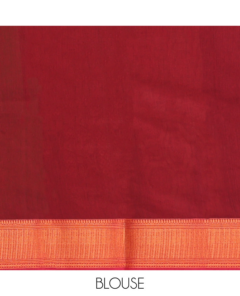 Green Semi-Silk Cotton Saree, Dazzled with Zari Buttas All Over Its Body, Highlighted by a Zari Traditional Design Border, Complemented by a Contrast Pallu of Geometric Design, and Paired with a Contrast Blouse