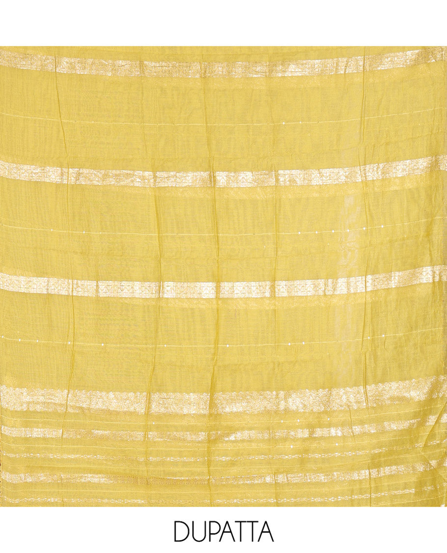 Yellow Material Churidar Set, Elevated with Zari Buttas and Crosia Lace with Mirror Work Chanderi Top, Comes with a Plain Bottom, Zari Woven Chanderi Dupatta