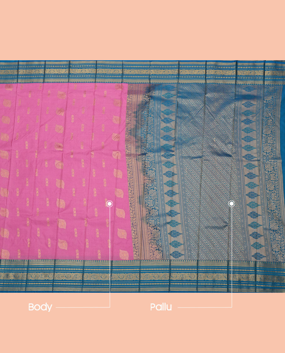 Pink Budget Silk Saree, Crafted with Zari Buttas All Over Its Body, Complemented by a Contrast Traditional Zari Design Border, Grand Diagonally Striped Pallu, and Paired with a Contrast Blouse