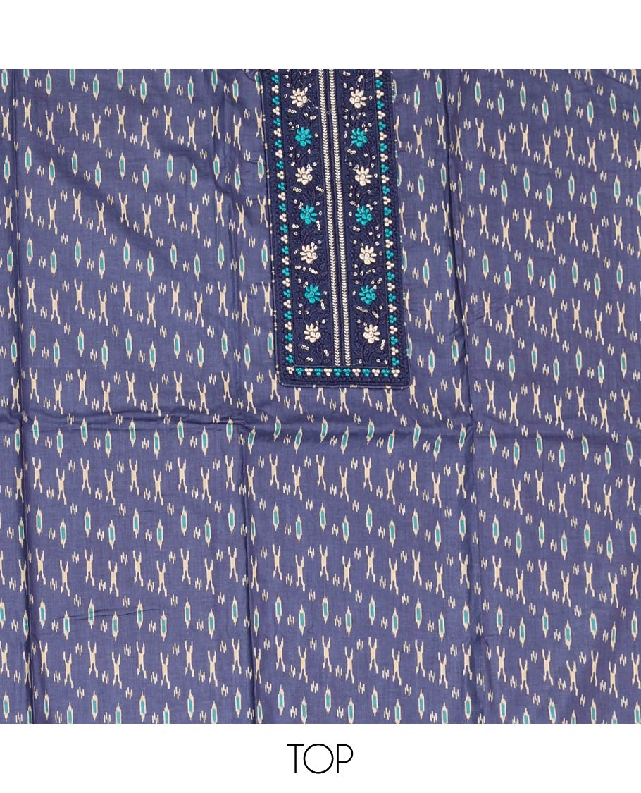 Blue Material Chudidar Set, Elevated with Ikkat-Style Buttas Printed and Neck Embroidery Cotton Top, Complemented by Contrast Printed Cotton Bottom, and Paired with Ikkat-Style Printed Cotton Dupatta