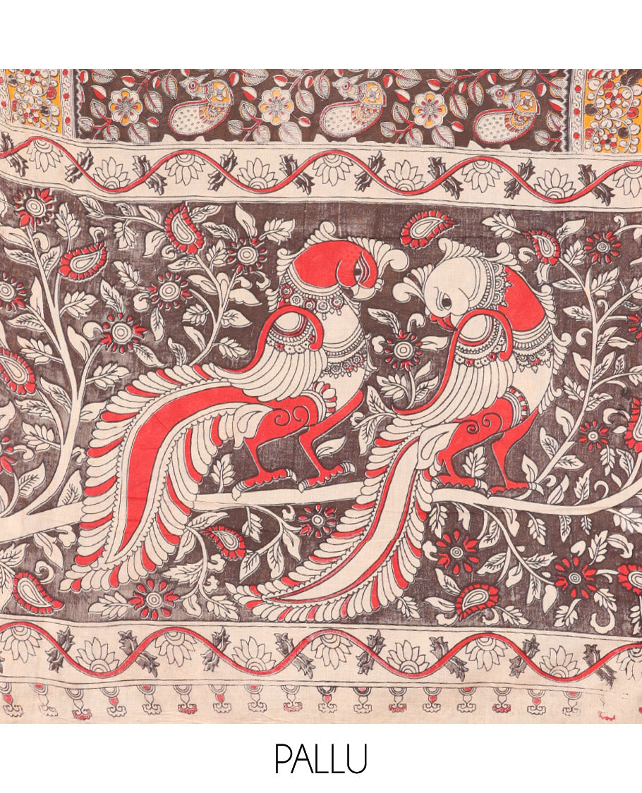 Brown Kalamkari Cotton Saree, Accentuated with Floral Print, Contrast Floral-Peacock Border, Pallu of Peacock Print, and a Contrast Blouse