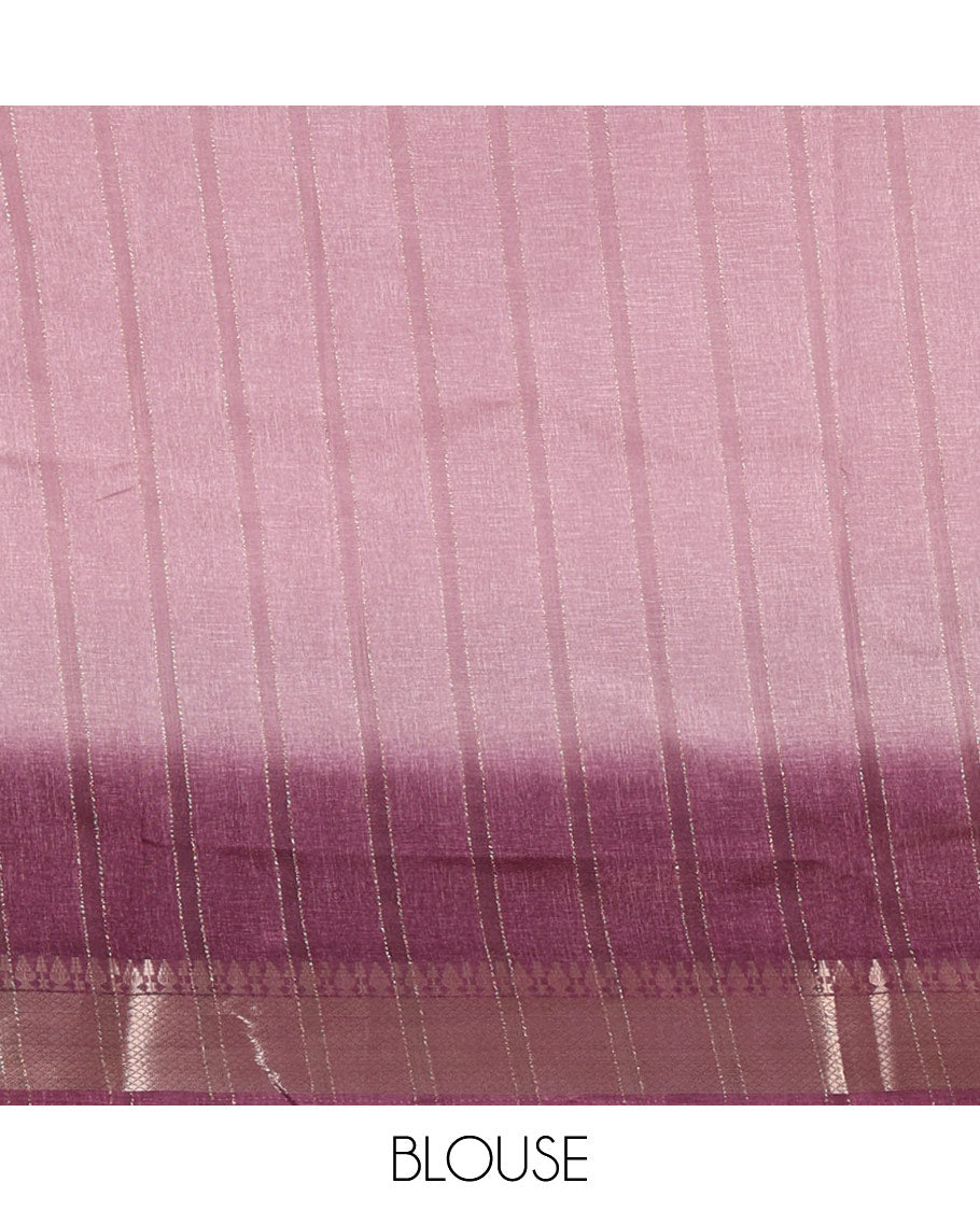 Light lavender ombre vertical striped Manipuri tussar saree, contrast traditional zari border, striped pallu & running blouse