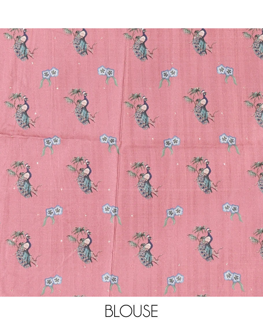 Onion pink gold zari dotted buttas semi tussar saree, contrast temple border features peacocks on the brand design print, striped pallu, and printed blouse