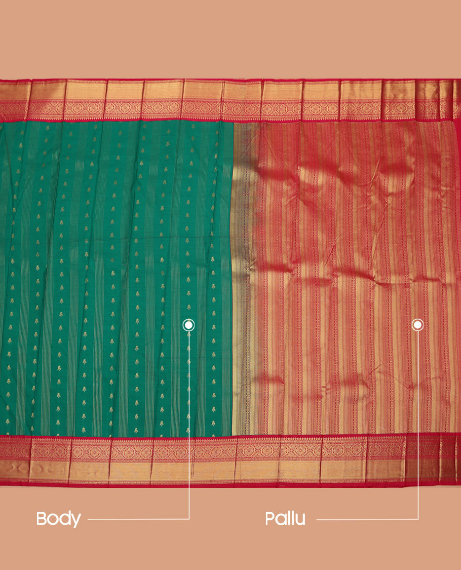 Green Budget Silk Saree, Bedecked with Zari Buttas on Its Body, Complemented by a Contrast Traditional Zari Design Border, Pallu of Geometric Designs, and Paired with a Contrast Blouse