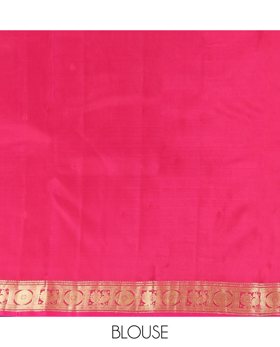 Red Wine Kanchipuram Silk Saree, Adorned with Thilakam Buttas All Over Its Body, Complemented by a Contrast Border of Rekku, Muthu, Banaras, Mayil, and Chakram Designs, Grand Jaal Pallu, and Paired with a Contrast Blouse