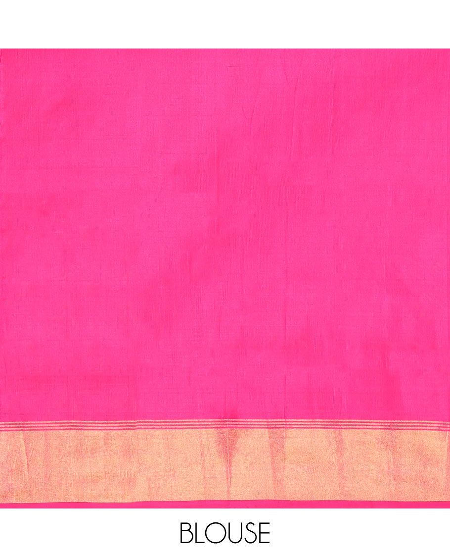 Rani Pink Uppada Silk Saree, Prettified with Zari Buttas All Over Its Body, Complemented by a Contrast Bavanji Border, Pallu Steeped with Zari Buttas, and Paired with a Contrast Blouse