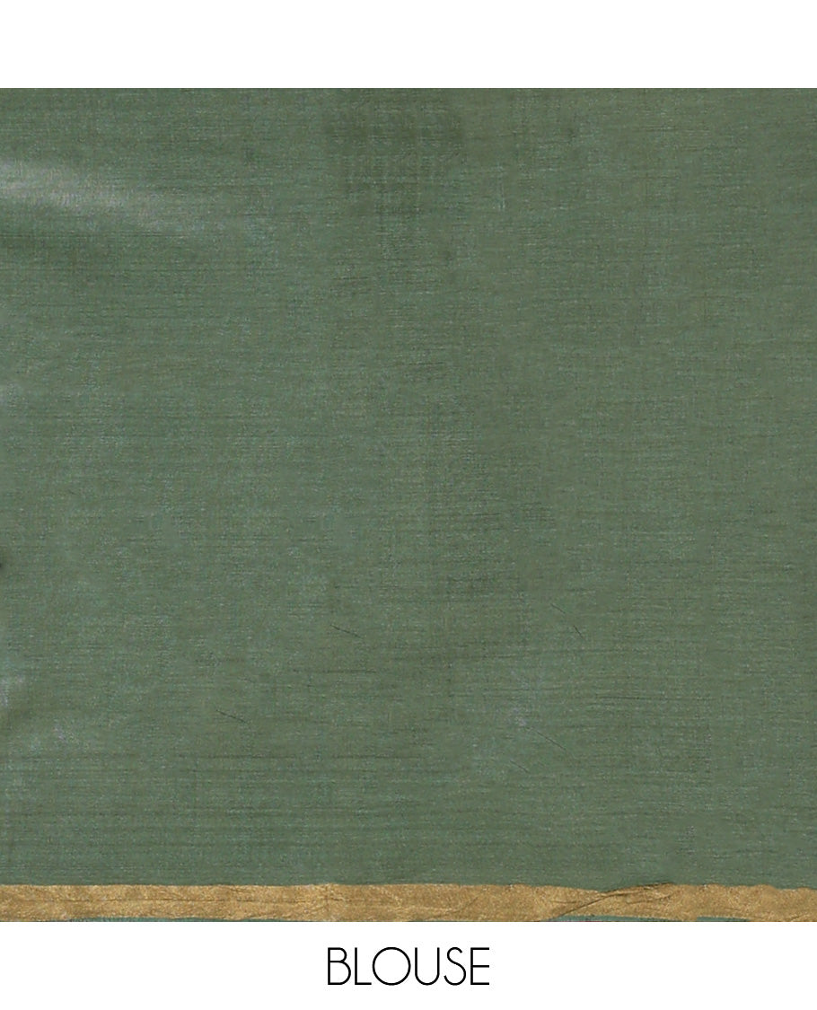 Green Tussar Saree, Detailed with Buttas, a Subtle Zari Border, Pallu of Butterfly Buttas, and a Matching Blouse