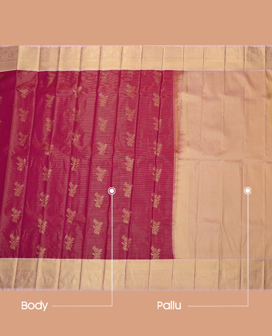 Pink Budget Silk Saree, Embellished with Zari Buttas and Stripes, Complemented by a Contrast Traditional Border, Grand Pallu, and Contrast Blouse