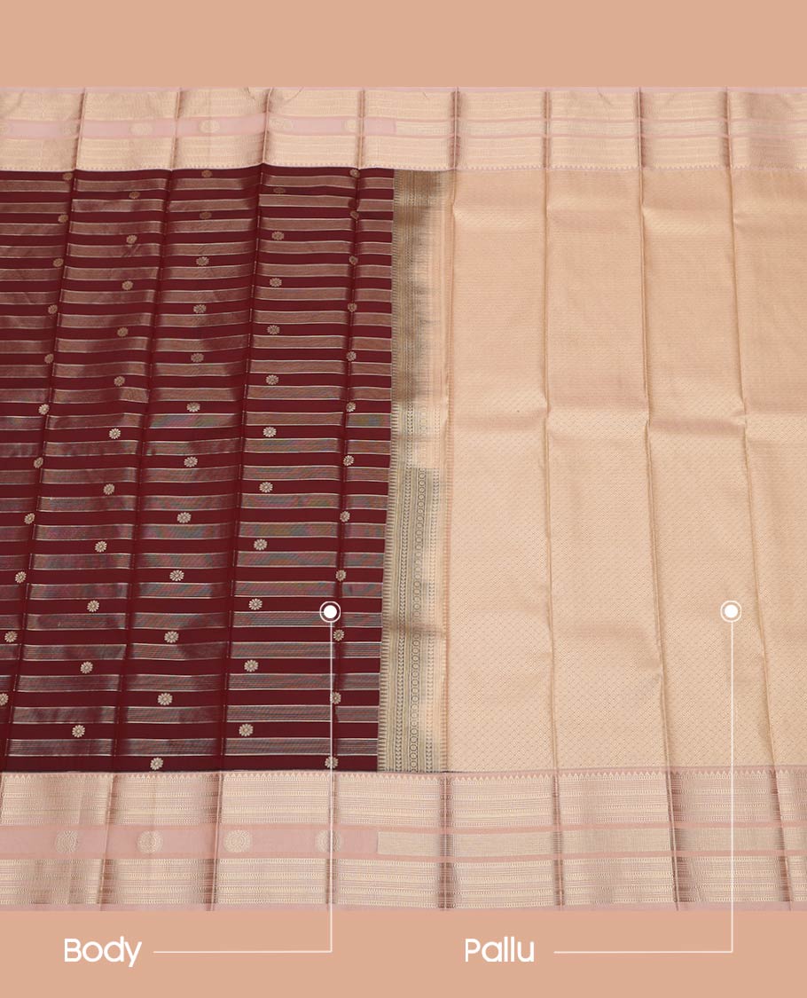 Brown Budget Silk Saree, Artfully Designed with Zari Buttas and Stripes All Over Its Body, Complemented by Contrast Traditional Zari Designs Woven Border, Grand Jaal Pallu and Paired with a Contrast Blouse