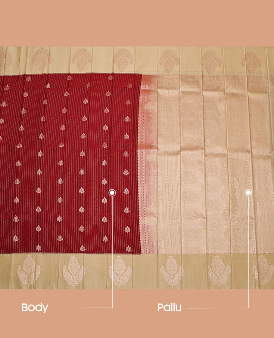 Red Budget Silk Saree, Embellished with Zari Buttas and Stripes, Complemented by a Contrast Zari Border, Grand Pallu, and a Contrast Blouse