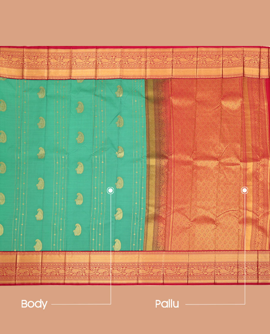 Green Budget Silk Saree, Delicately Woven with Paisley Buttas and Stripes All Over Its Body, Complemented by a Contrast Traditional Zari Design Border, Grandly Jaal-Design Pallu, and Paired with a Contrast Blouse