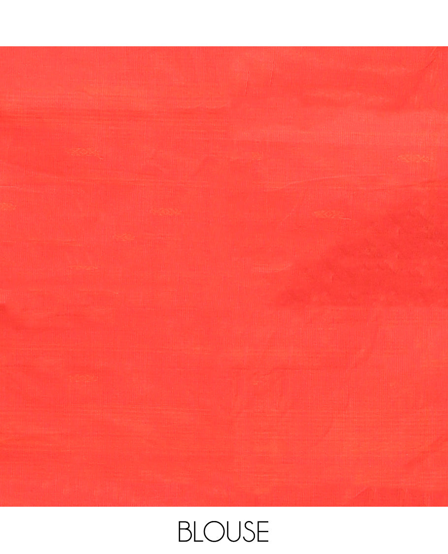 Red Chettinad Cotton Saree, Delicately Woven with Thread Buttas All Over Its Body, Complemented by a Contrast Ganga-Jamuna Kal Eragina Border of Kodi Peacock and Elephant Designs, Pallu of Buttas and Stripes, and Paired with a Matching Blouse