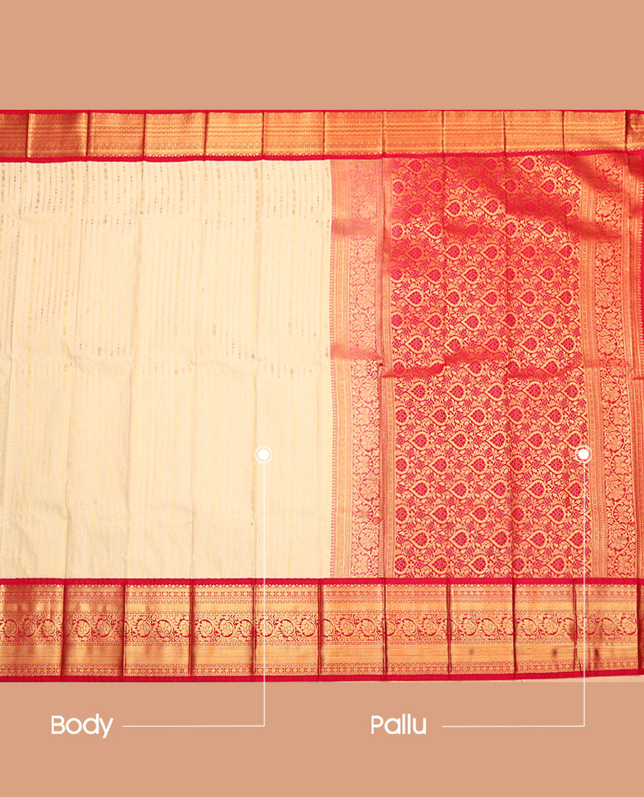 Sandal Budget Silk Saree, Sparsely Woven with Zari Stripes, Complemented by a Contrast Traditional Zari Border, Grand Pallu, and a Contrast Blouse