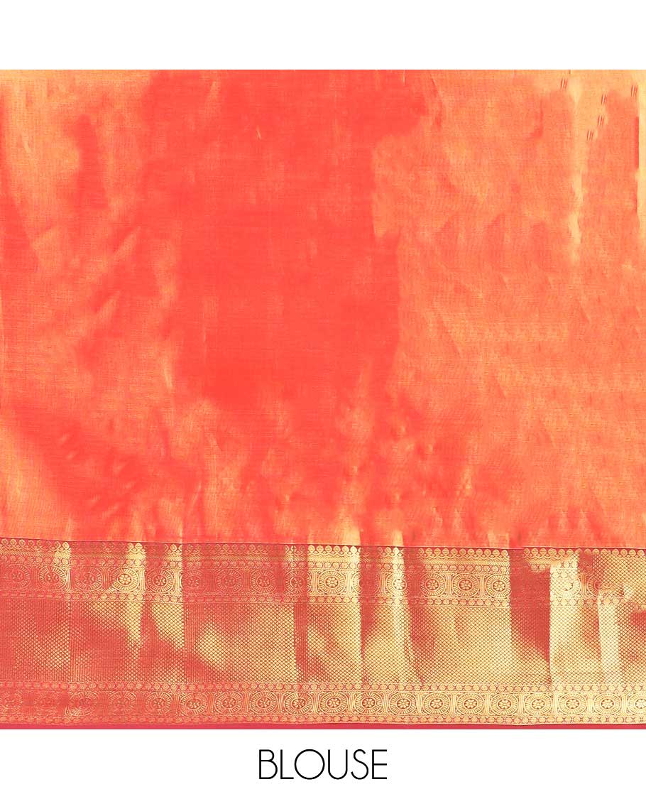 Red floral design kancheepuram tissue silk saree with contrast border of thilakam mokku, banaras, poo chakram, kuyil kann design & zari design pallu