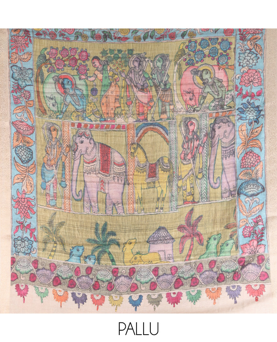 Grey Kalamkari Printed Fancy Tussar Saree