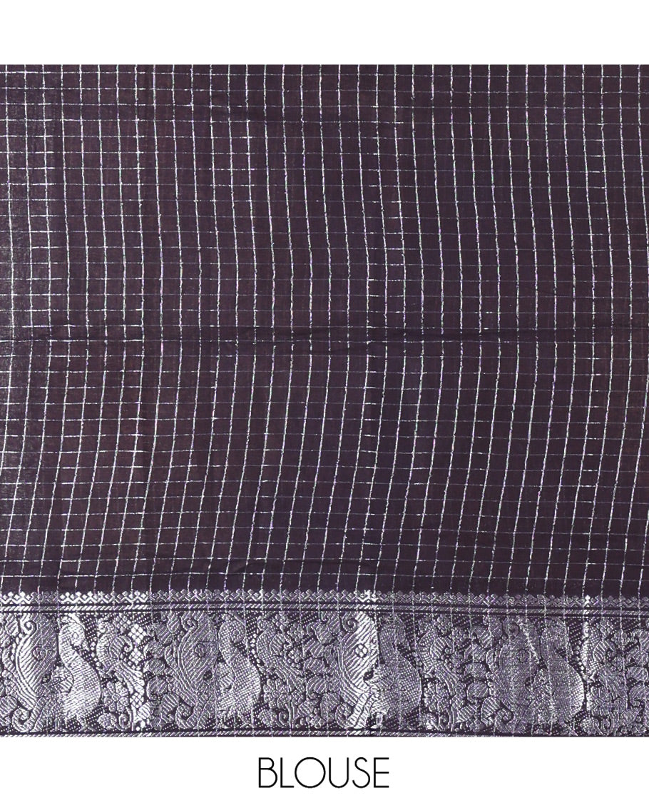 Purple and Navy Blue Sungudi Cotton Half-Saree, Gleamed Up with Micro-Zari Checks on Its Skirt, Complemented by a Contrast Peacock Zari Border, Paired with a Contrast Blouse, and a Contrast Syska Georgette Zari-Bordered Dhavani
