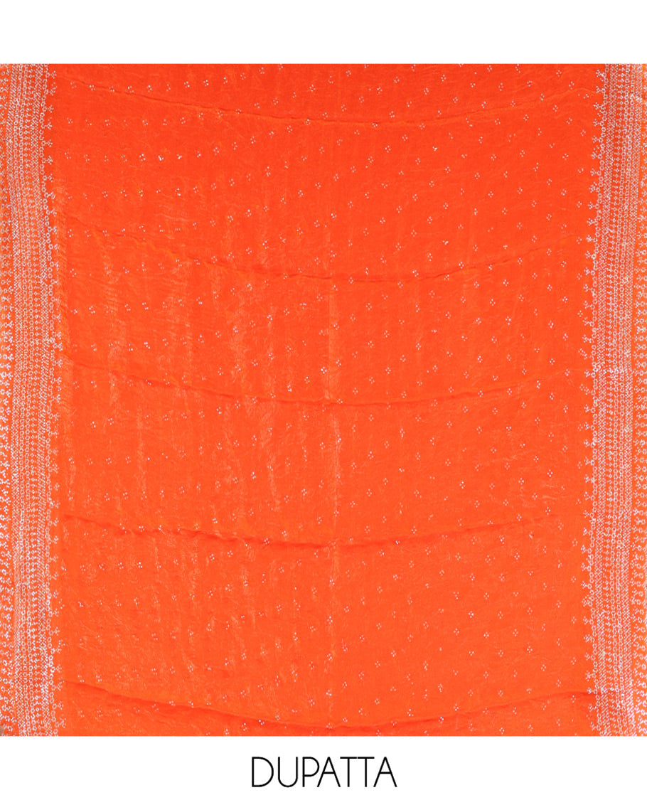 Rust Fendi Organza Material Chudidar Fetaures Pom-Pom-Neckline Top, Plain Bottom, and Scallop Embroidered Dupatta