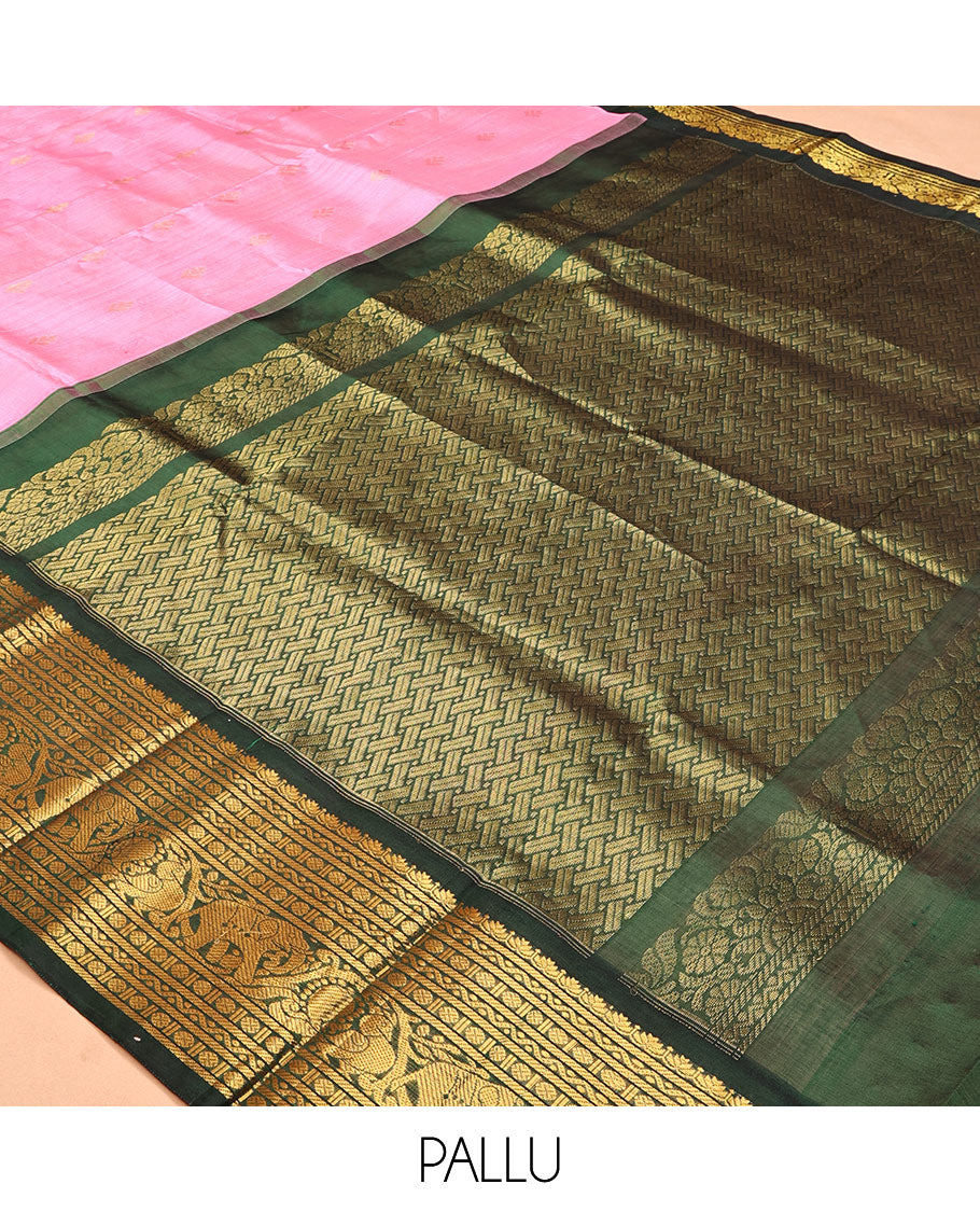 Pink Zari Buttas Kuppadam Silk Saree, a Contrast Traditional Zari Border, Intricate Pallu, a Contrast Blouse