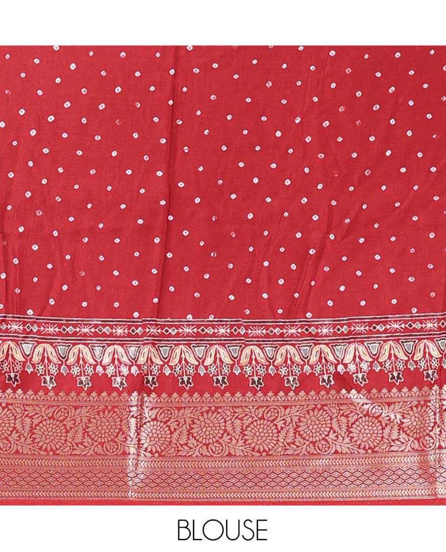 Blue Dola Silk Saree, Detailed with Bandhani Dots on Its Body, Complemented by Contrast Border, Zari Striped Pallu, and Paired with a Contrast Blouse