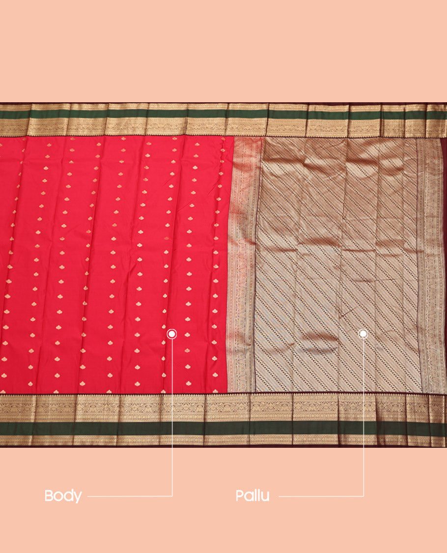 Red Budget Silk Saree, Beautifully Bedecked with Zari Buttas, Complemented by a Contrast Traditional Zari Rettai Pettu Border, Grand Pallu, and a Contrast Blouse