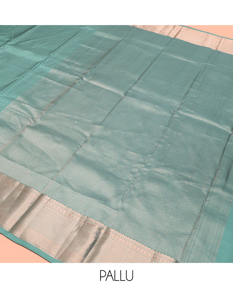 Green Kanchipuram Silk Saree, Richly Detailed with Checks, Zari Border of Mayil Kann, and Rudraksham Designs, Sparsely Woven Pallu, and Matching Blouse