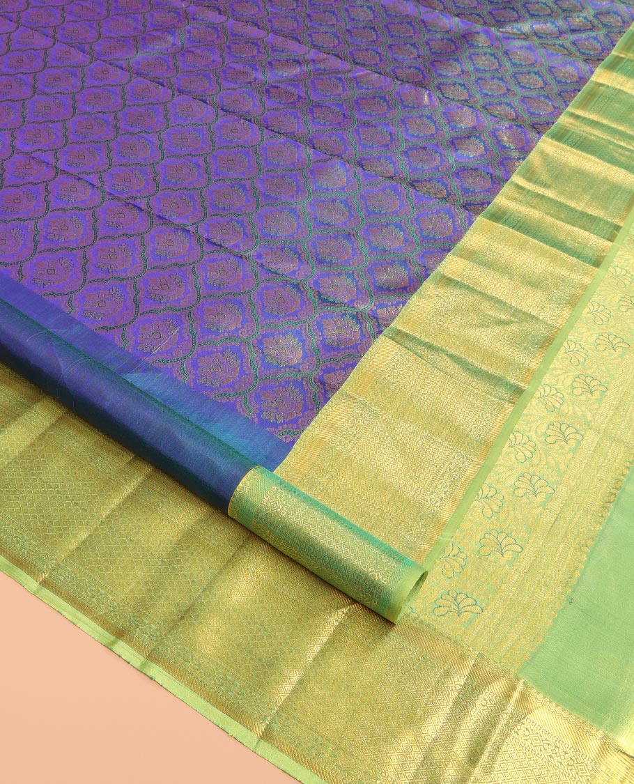 Blue Kanchipuram Wedding Silk Saree, Opulently Embellished with Jacquard Design, a Contrast Border of Traditional Designs, Grand Pallu, and a Contrast Blouse