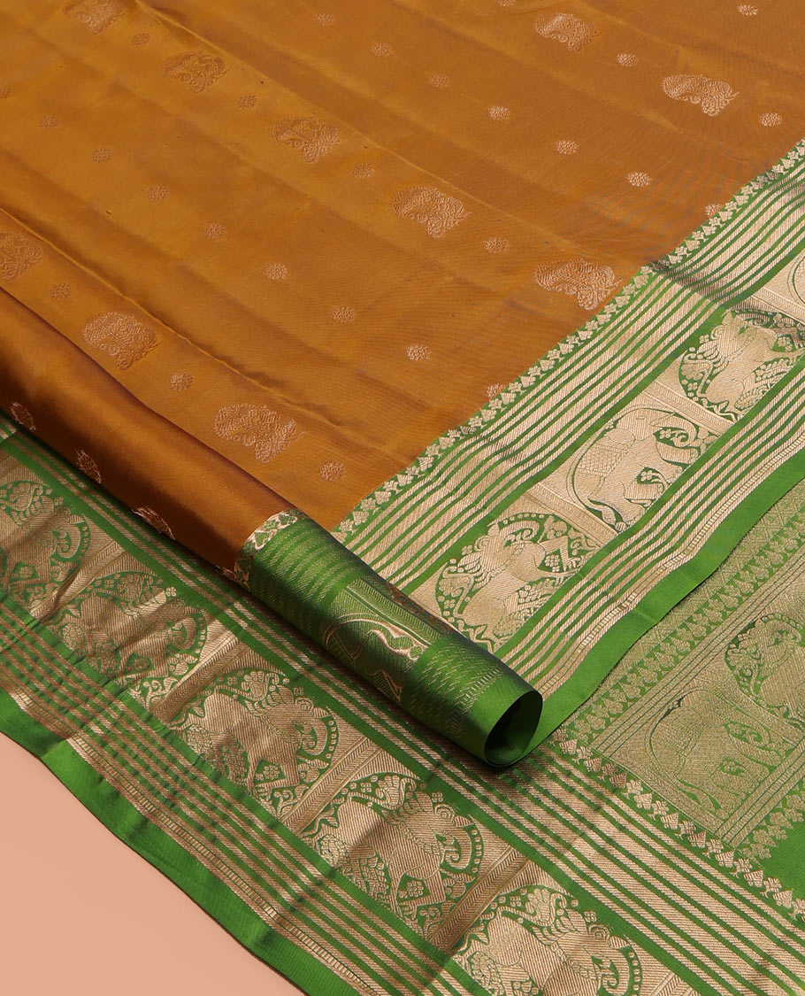 Mustard Zari Buttas Vasundhara Lite Silk Mix Saree, a Contrast Yaali-Yaanai Border, Jaal Pallu, Contrast Blouse