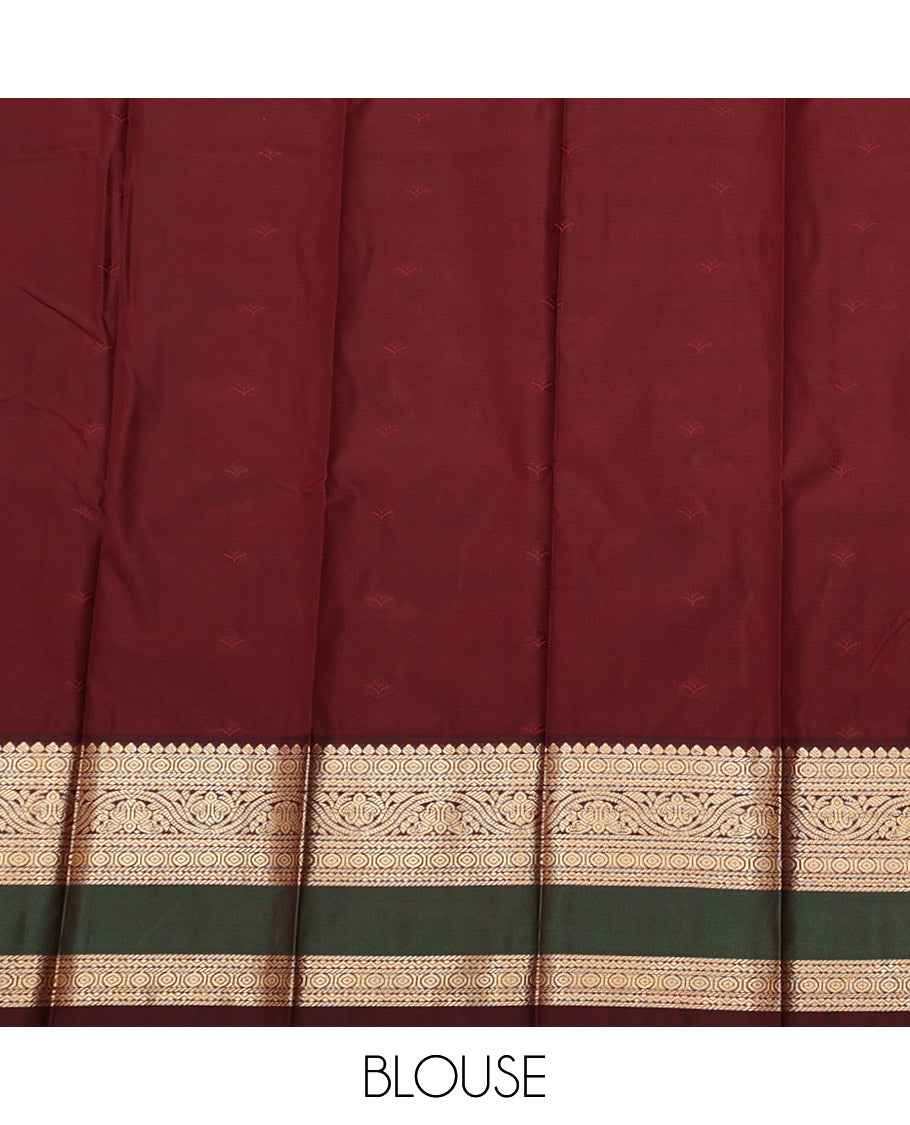 Red Budget Silk Saree, Beautifully Bedecked with Zari Buttas, Complemented by a Contrast Traditional Zari Rettai Pettu Border, Grand Pallu, and a Contrast Blouse