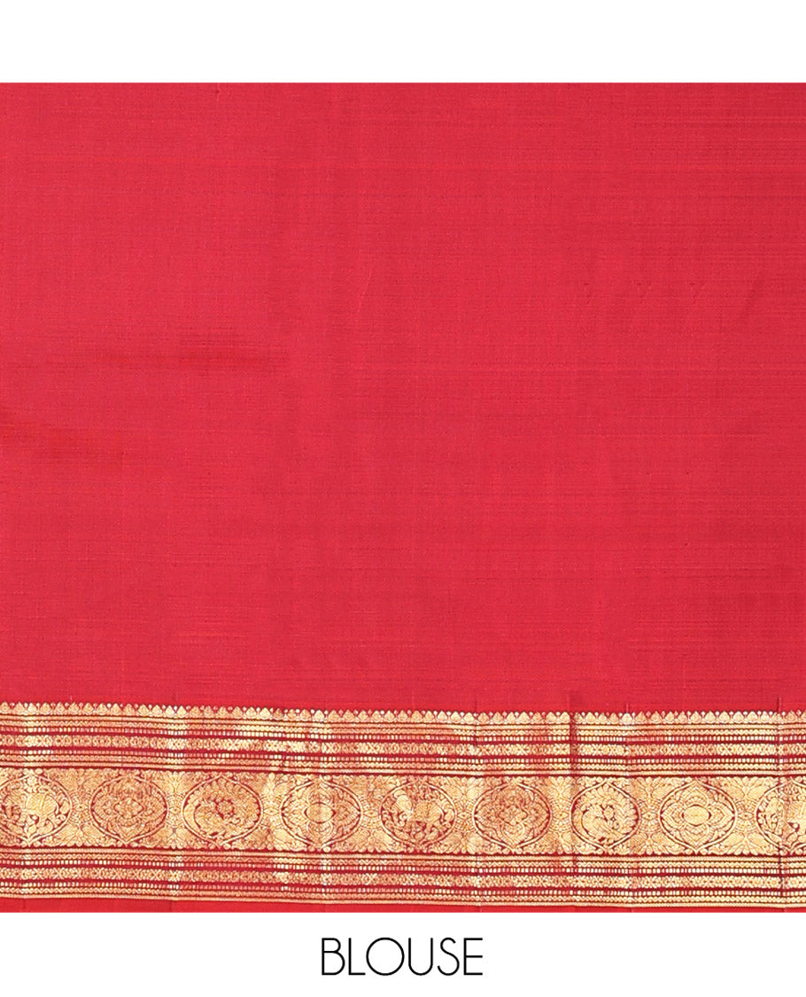Maroon Kanchipuram Silk Saree, Bedecked with Zari Buttas All Over Its Body, Complemented by a Contrast Border of Neli, Muthu, Cross Kamalam, and Mayil Designs, Pallu of Butta Enclosed Checked Designs, and Paired with a Contrast Blouse