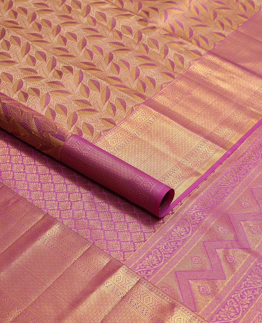 Sandal leaf design kancheepuram silk saree with contrast border of intricate zari design & floral design pallu