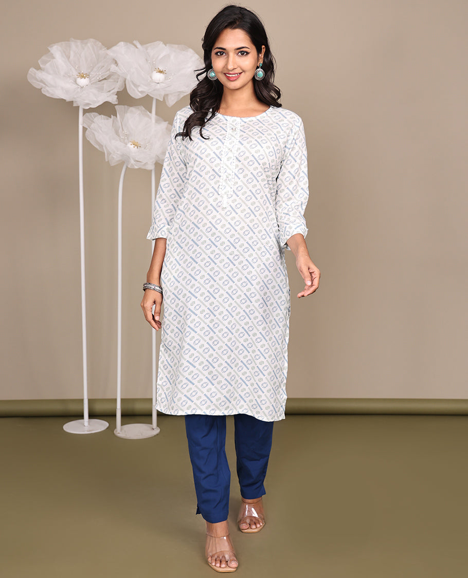 Off-White Geometric Printed Below-Knee-Length Cotton Kurti, Adorned with Round-Neckline, 3/4 Sleeves, Straight-Cut Length