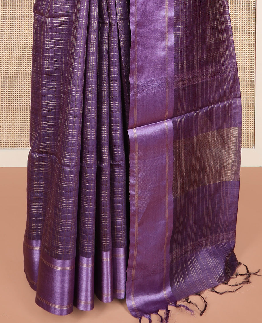 Purple checked tussar saree, contrast striped border, and self-pallu
