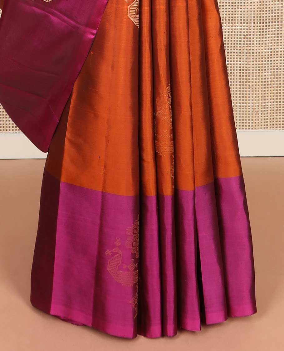 Orange zari buttas silk mix saree, contrast peacock design border & pallu of jaal designs