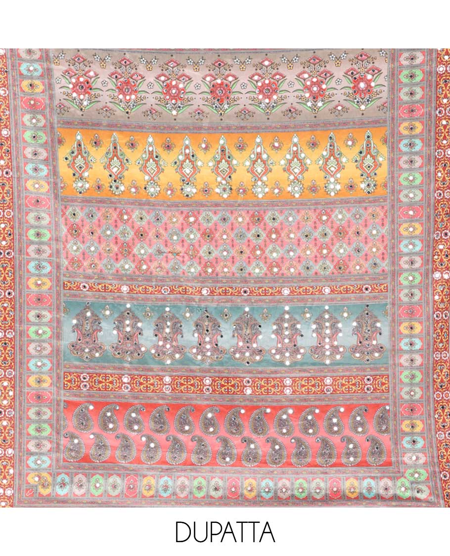 Dusty peach shifli , sequins work, floral design georgette chudidhar material top with american crepe pant & chinnon material diagital print, mirror work dupatta