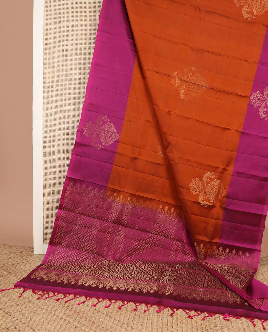 Orange zari buttas silk mix saree, contrast peacock design border & pallu of jaal designs