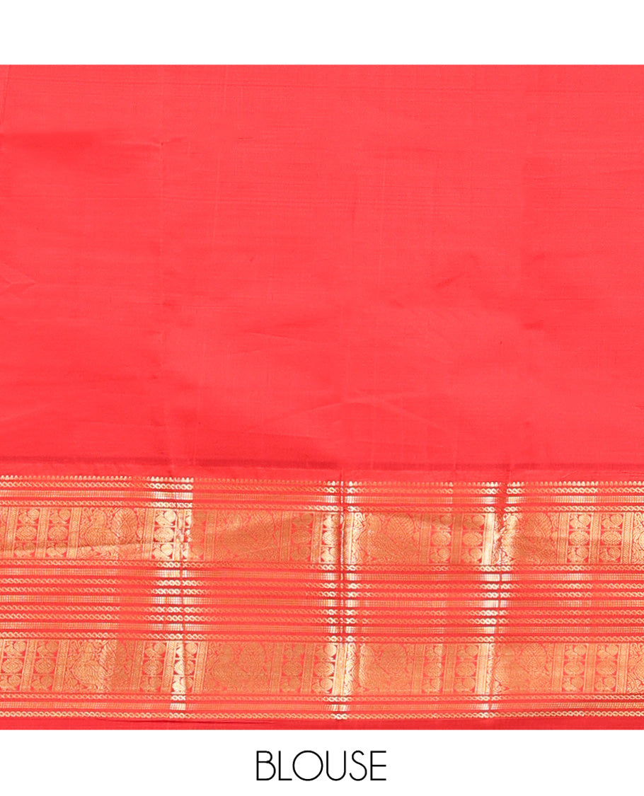 Lemon Yellow and Red Vasundhara Lite Silk Saree, Richly Detailed with Zari Checked Design On Its Body, Complemented by Contrast Varisai Pettu Border of Mayil Chakram Designs, Grand Jaal Pallu, and Paired with a Contrast Blouse