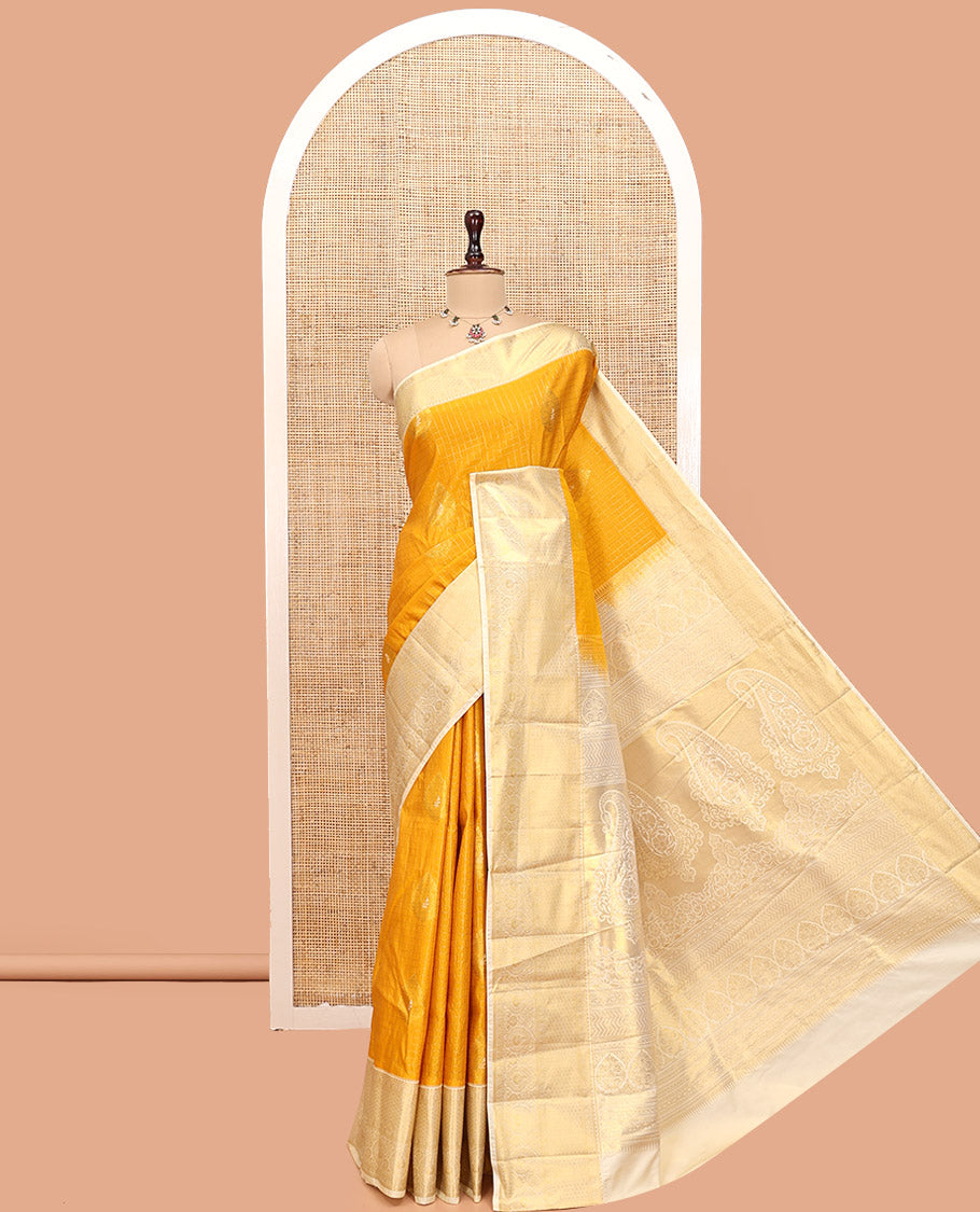 Mustard Budget Silk Saree, Mesmerized with Zari Butta and Checks, Contrast Paisley Zari Border, Grand Pallu, and a Contrast Blouse