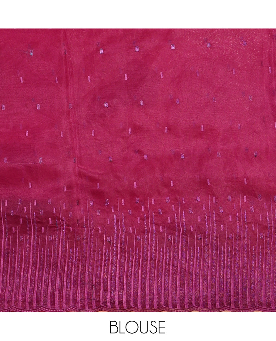 Magenta Organza Saree, Masterfully Woven with Floral Thread Embroidery, a Scalloped Border, and a Matching Blouse