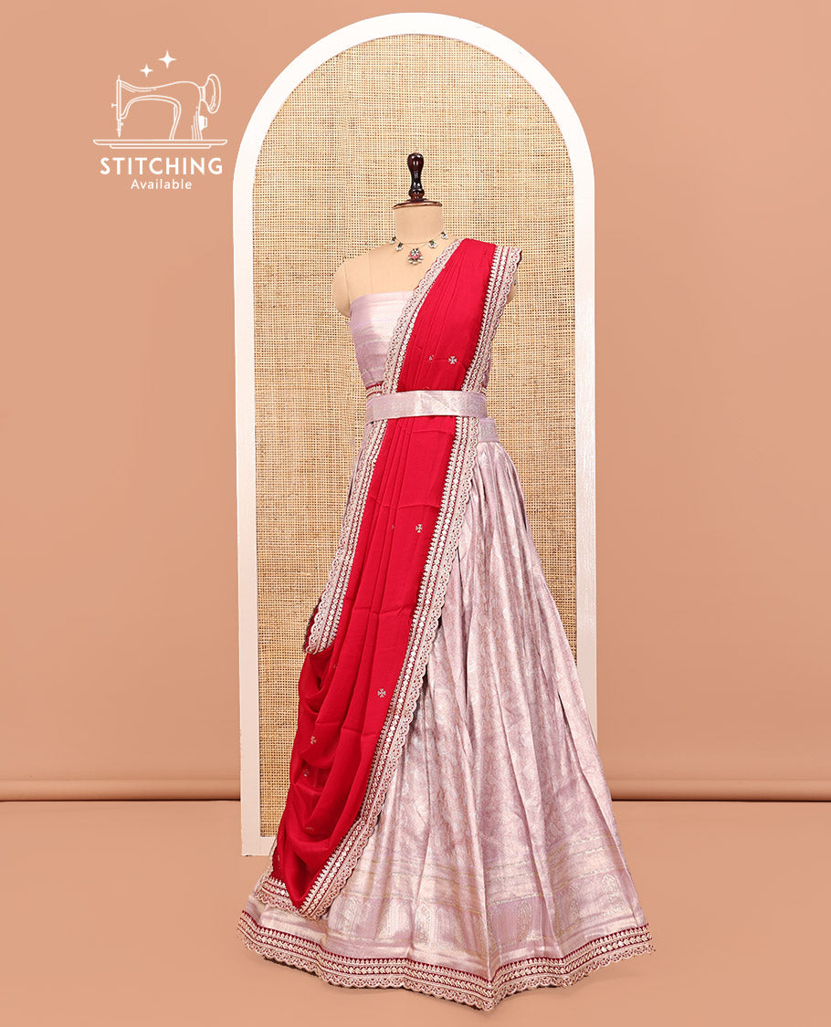 Grey Art Silk Half Saree, Gleamed Up with Jacquard Design Skirt, Contrast Embroidered Border, Jacquard Blouse, and a Contrast Embroidered Dhavani