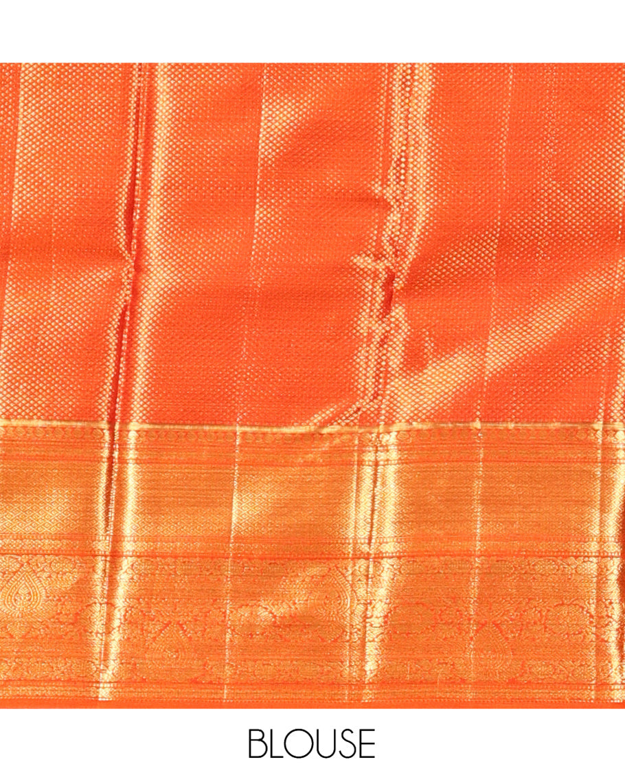 Orange Jacquard Kanchipuram Tissue Silk Saree, a Zari Border of Thilakam, Muthu, Mayil Kann, and Kodi Visiry Design, Grand Pallu, and a Matching Blouse