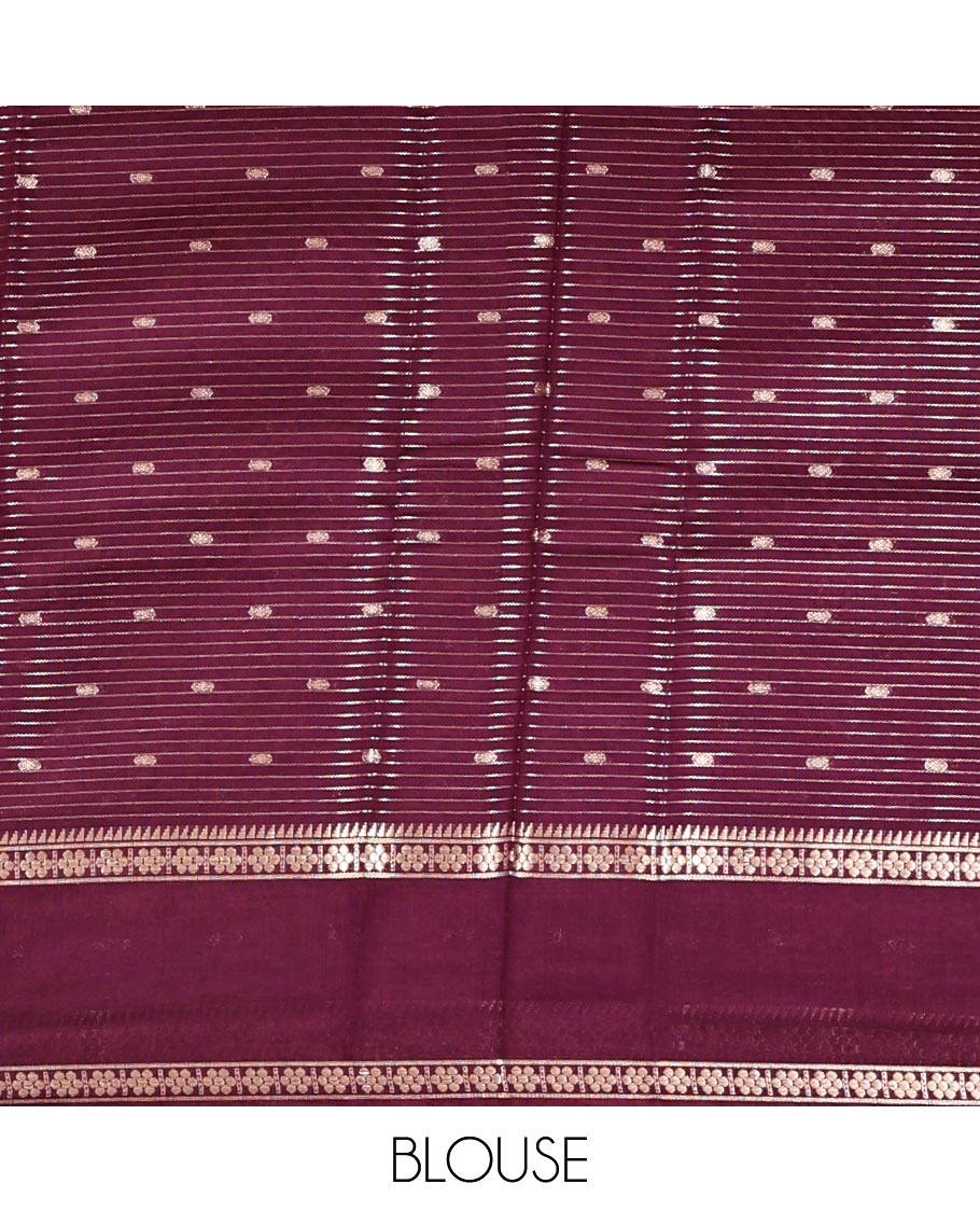 Sandal Assam Silk Saree, Sparsely Woven with Buttas and Stripes, Highlighted by Traditional Zari Border, Zari-Striped Pallu, and a Contrast Blouse