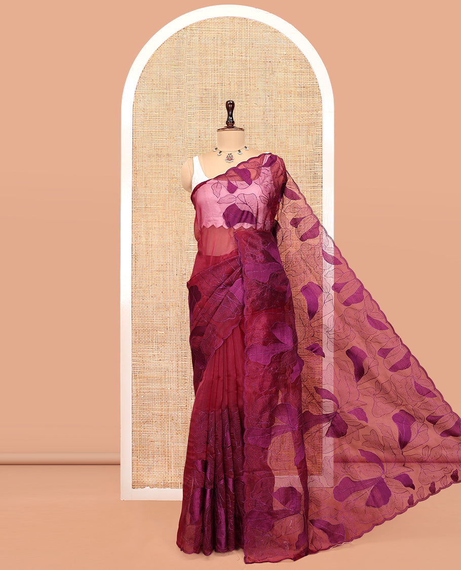 Magenta Organza Saree, Masterfully Woven with Floral Thread Embroidery, a Scalloped Border, and a Matching Blouse