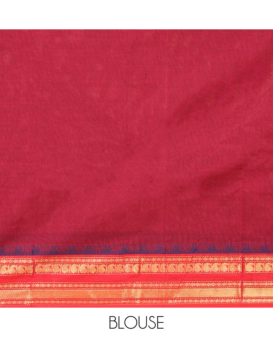 Red Chettinad Cotton Saree, Adorned with Buttas on Its Body, Complemented by a Contrast Traditional Zari Design Woven Border, Pallu of Stripes and Buttas, and Paired with a Matching Blouse