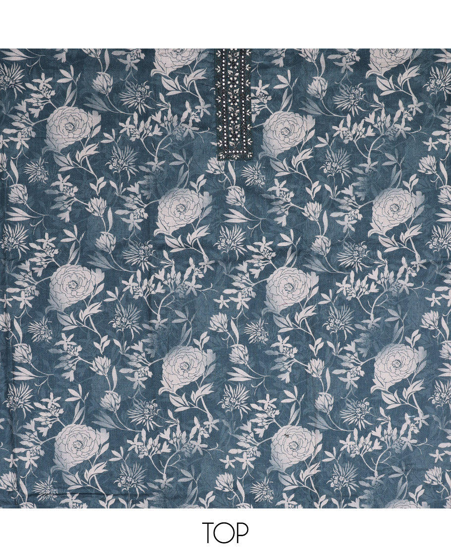 Blue Material Chudidar Set, Prettified with Floral Print and Embroidery on Cotton Top, a Plain Bottom, and Paired with a Floral Embroidered Scallop Dupatta