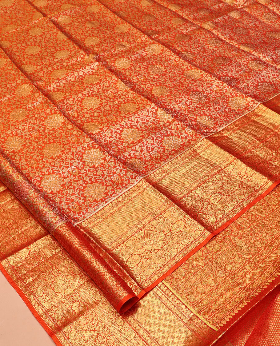 Orange Jacquard Kanchipuram Tissue Silk Saree, a Zari Border of Thilakam, Muthu, Mayil Kann, and Kodi Visiry Design, Grand Pallu, and a Matching Blouse